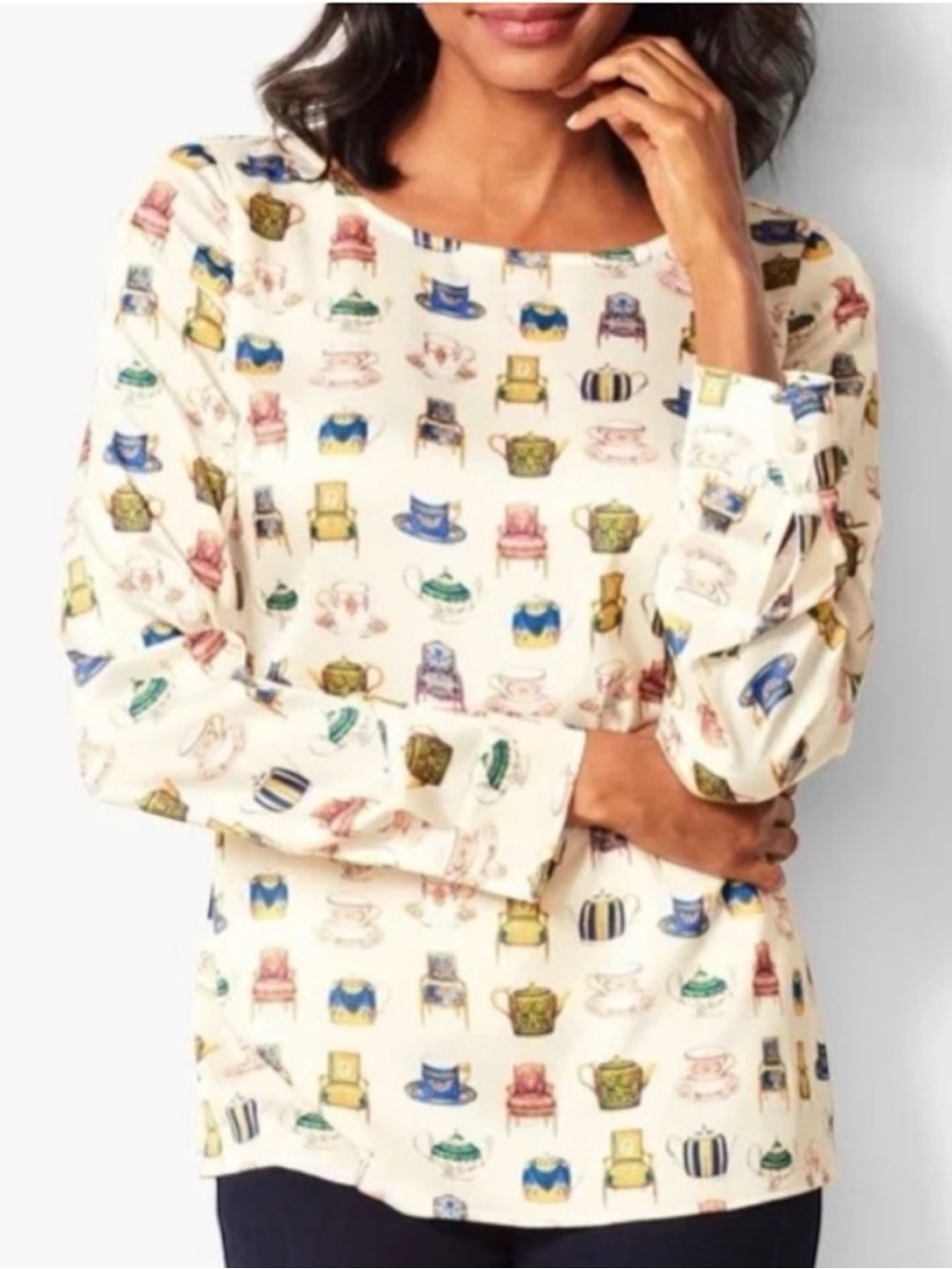 TALBOTS Blouse Tea Party Cups Royal Chairs Bridgerton Whimsical Women’s